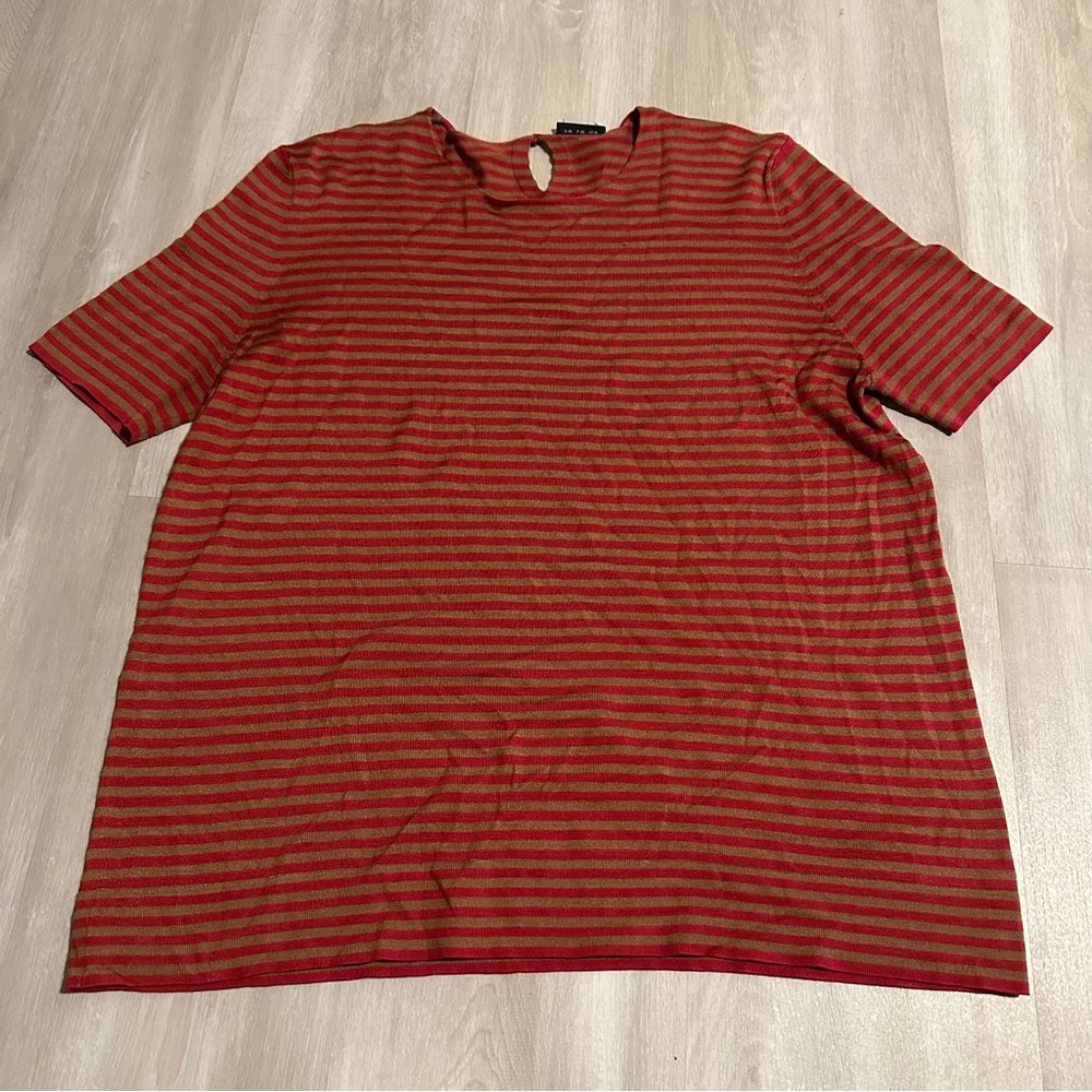 AKRIS Red Tan Striped Cashmere Silk Short Sleeve Blouse Sz 16 XL